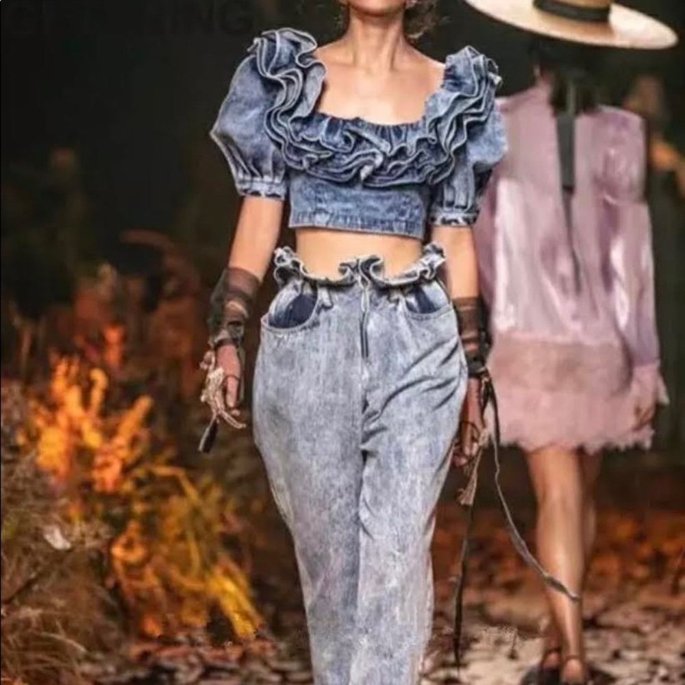 Off the shoulder ruffle denim top